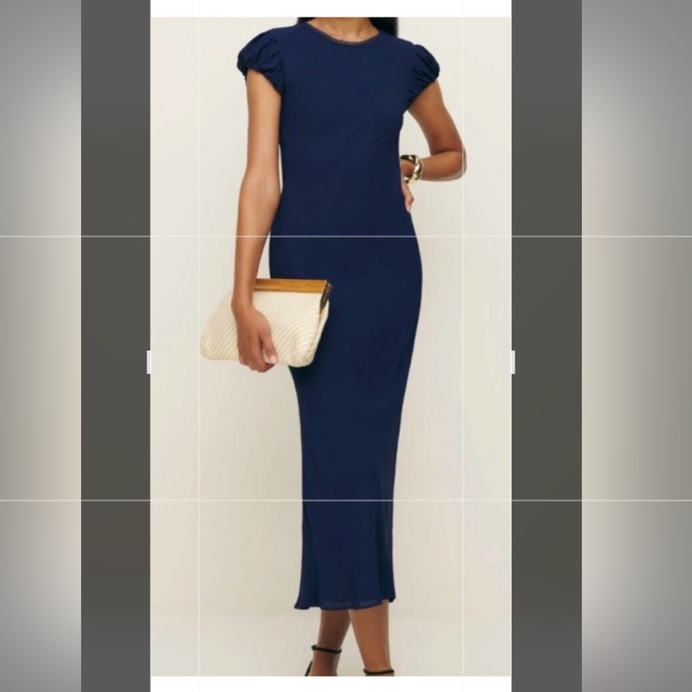 Reformation Leana Midi Dress Navy Scallop Lace Detail Crew Neck Cap Sleeve XL
